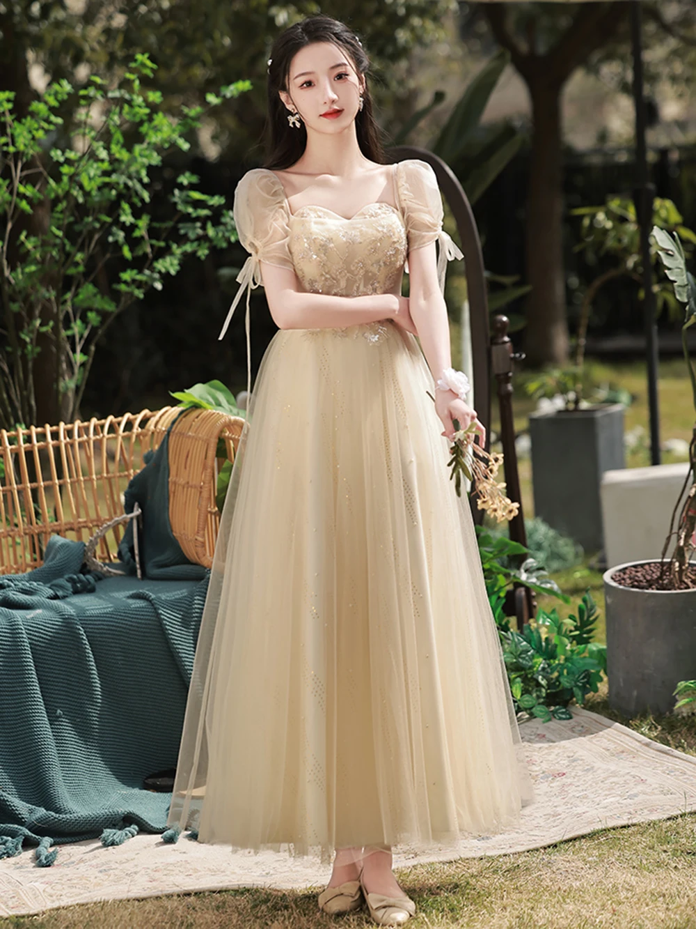 4 estilos champanhe vestido de dama de honra feminino 2024 novo plissado fora do ombro colarinho vestido de noite lantejoulas tule a linha festa vestido