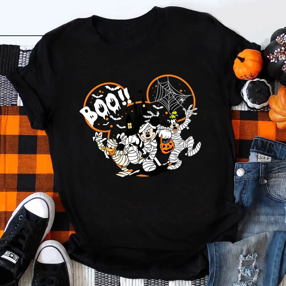 Happy Halloween Mickey T-shirts Woman Graphic cartoon T-shirts Festival Vibe Vacation Clothes Black Tops Autumn T Shirt Women