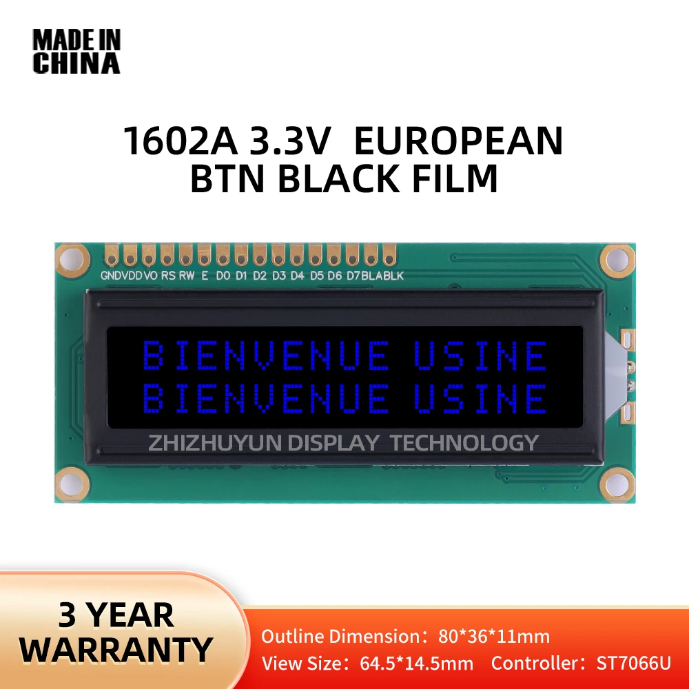 LCD1602A 3.3V European Display LCD16X2 Dot Matrix Character BTN Black Film Blue Letter LCD Screen High Brightness Screen ST7066U