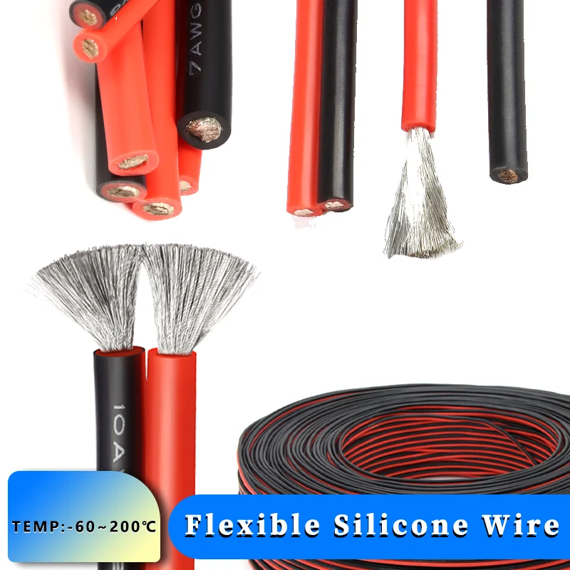 

30 28 26 24 22 20 18 16 14 12 10 8AWG Heat-resistant Electrical Wire 1~10m Flexible Silicone Cable Red Black Car Battery Wiring