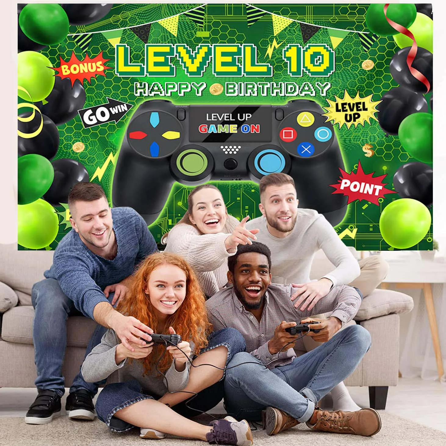 لعبة Mehofond على خلفية التصوير الفوتوغرافي ألعاب الفيديو النيون الأخضر الألعاب المستوى التالي حتى حفلة عيد ميلاد الأطفال خلفية استوديو الصور