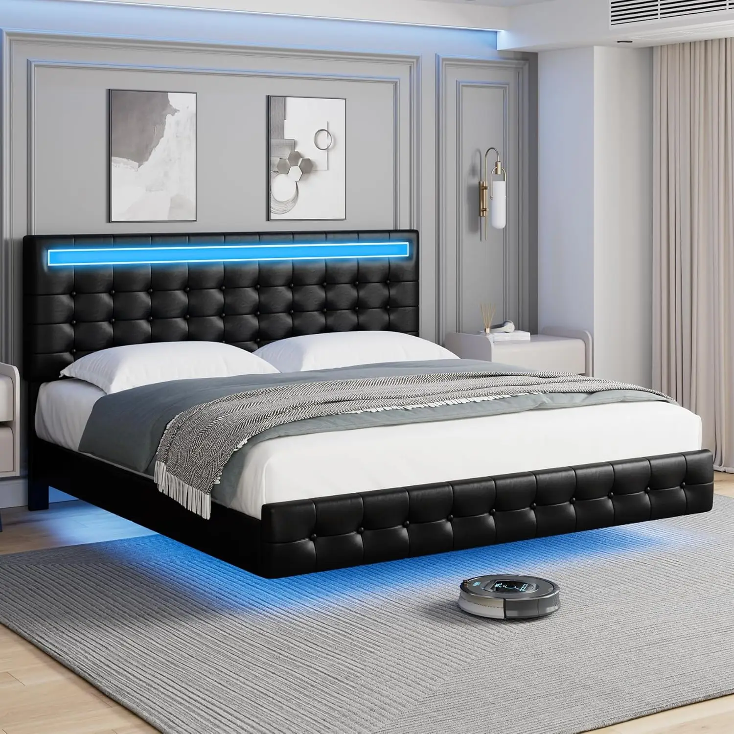 Keyluv Queen Bed Frame With Led Lights, Floating Upholstered Headboard, Adjustable Height, Noise-Free Metal Frame, Easy