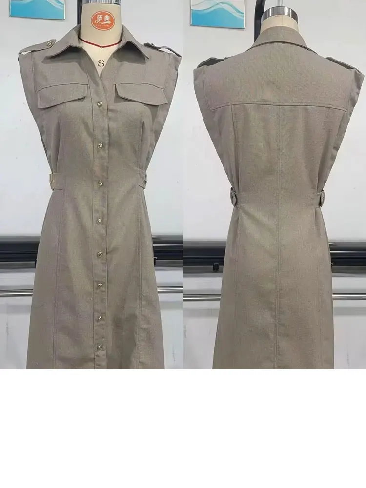 HH Dames Zomer Vintage Gezellige Linnen Midi-jurk Effen Revers Single-breasted Taille Met Zijlussen Nep Zakken Trendy Jurk