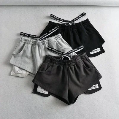 High Waist Black Elastic Waist Short Pants Women's Casual Summer Sports High Waist Slim Wide Leg Pants Korean Style Commute