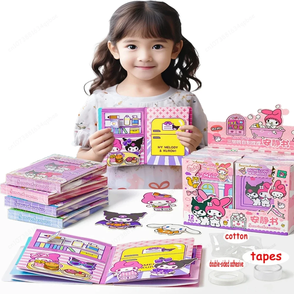 Sanrio Cartoon Quiet Book para Crianças, Livros de Brinquedo Auto Feitos e Duráveis, Não Precisa Cortar, Padrão Bonito, Kuromi Mereti