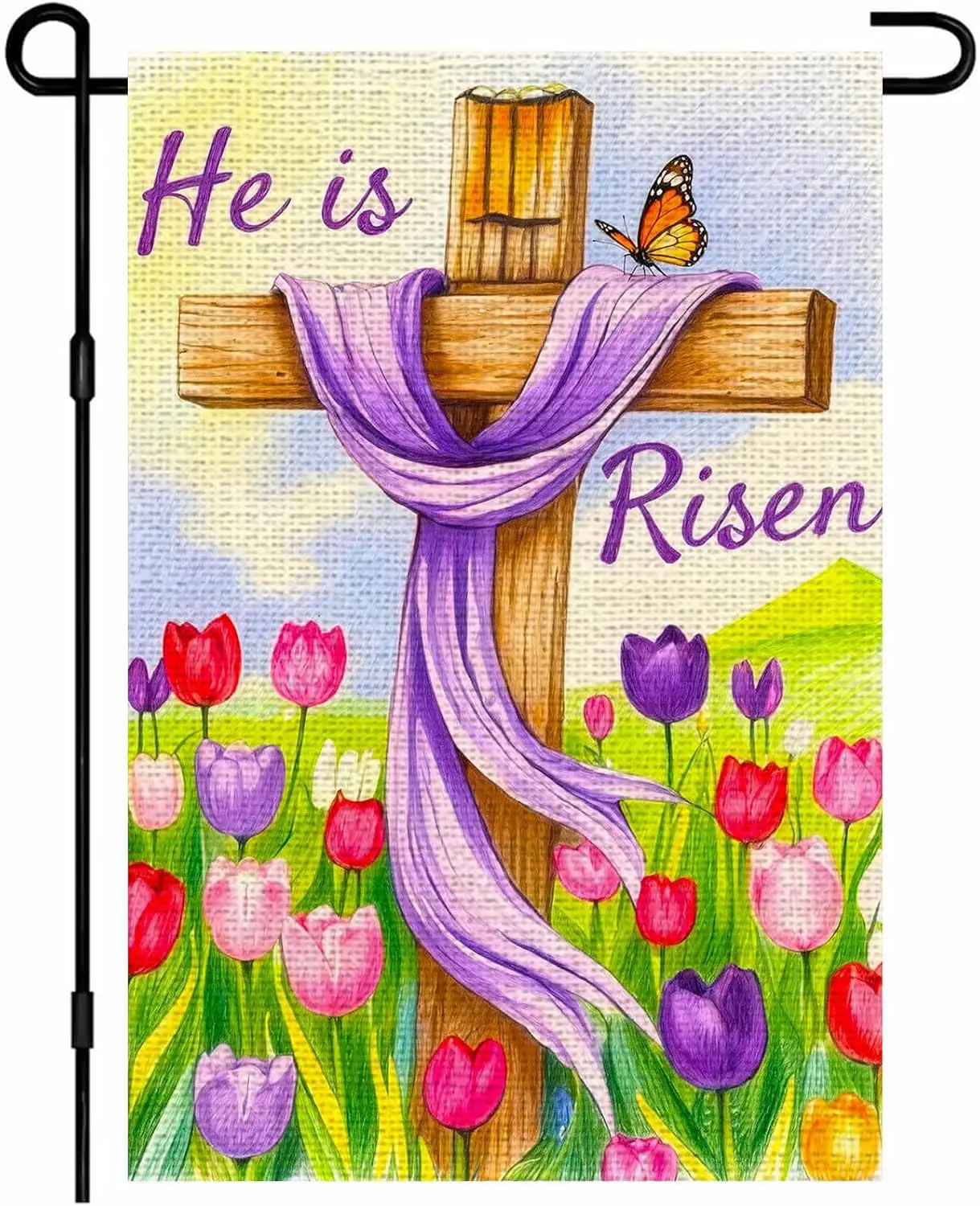 IVN Easter Garden Flag 12x18 Inch He Is Risen Burlap Yard Flag Double Sided Cross with Purple Cloth Decorative Flags For Hom PPM