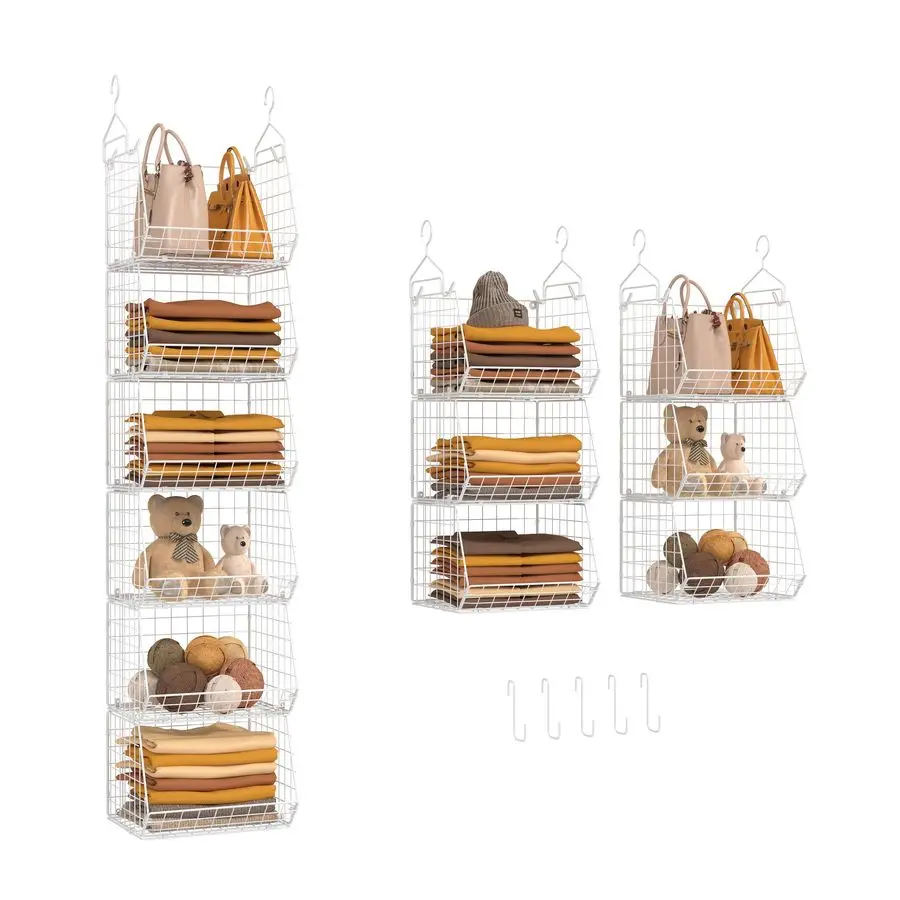 

6 Tier Closet Hanging Organizer, Clothes Hanging Shelves with 4 Hanging Hooks 5 S Hooks, Wire Storage Basket Bins, for Clothing