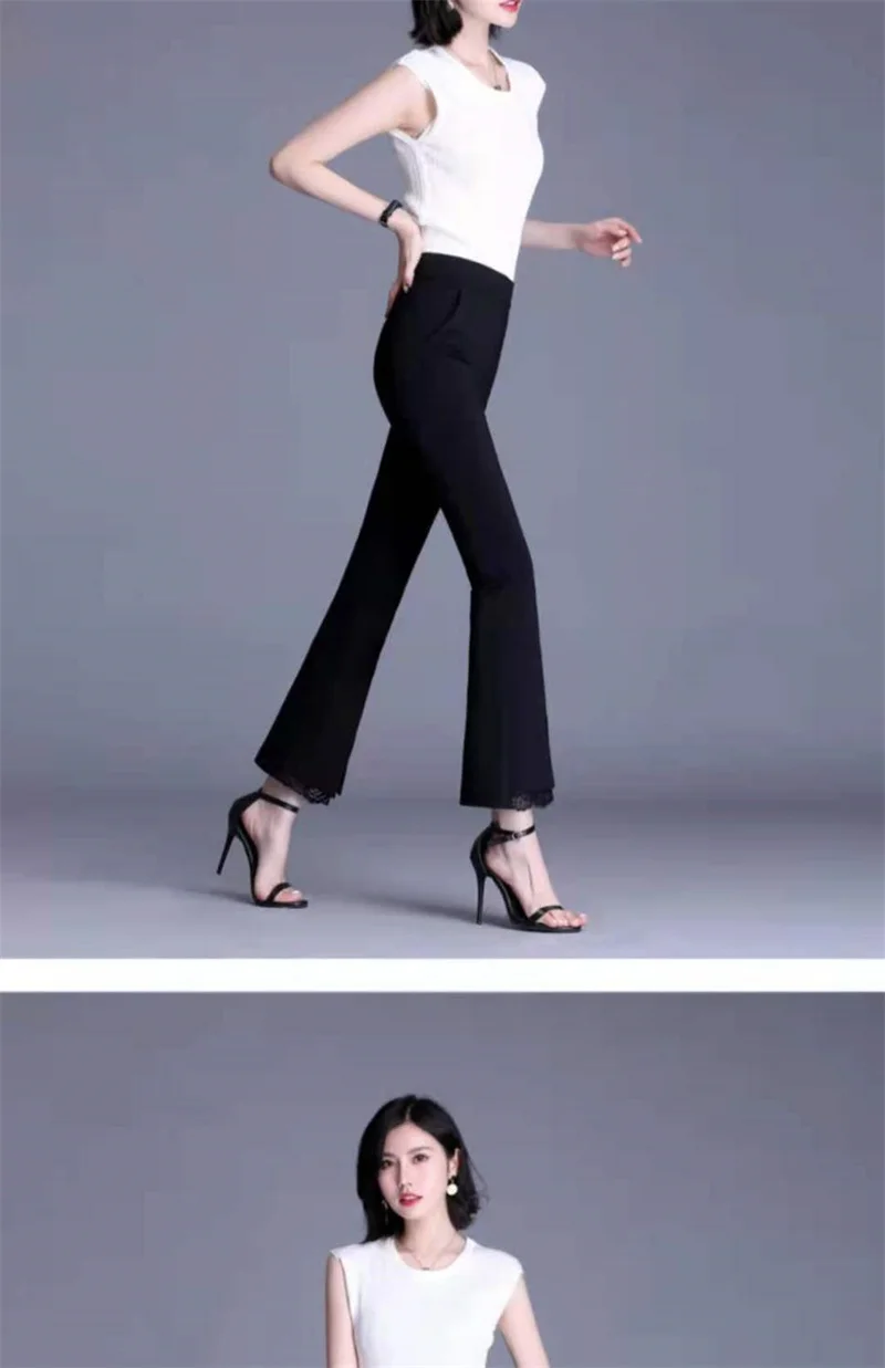 New Office Lady Lace Patchwork White Elastic Waist Casual Pants Summer Solid Women's Versatile Micro Flared Pants Women Clothing