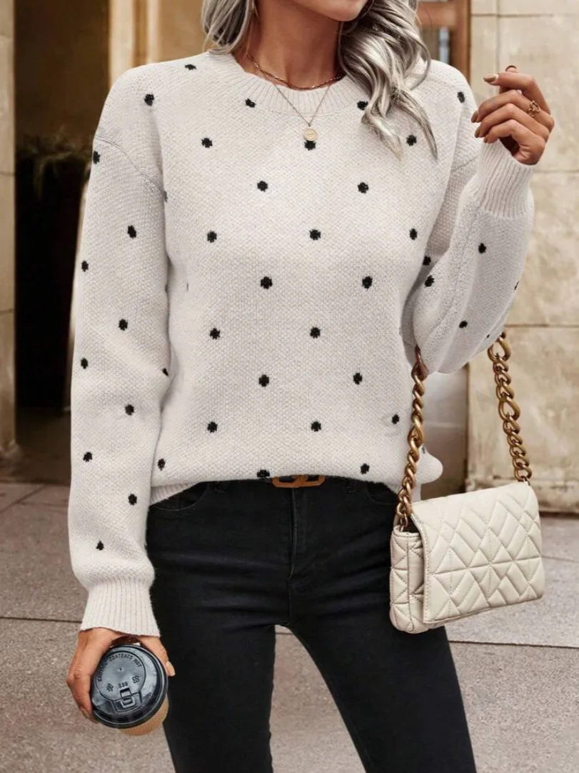 

Polka Dot Jacquard Sweater Round Neck Long Sleeve Cozy Sweater Casual Loose Knit Sweater Lightweight Autumn Women Pullover