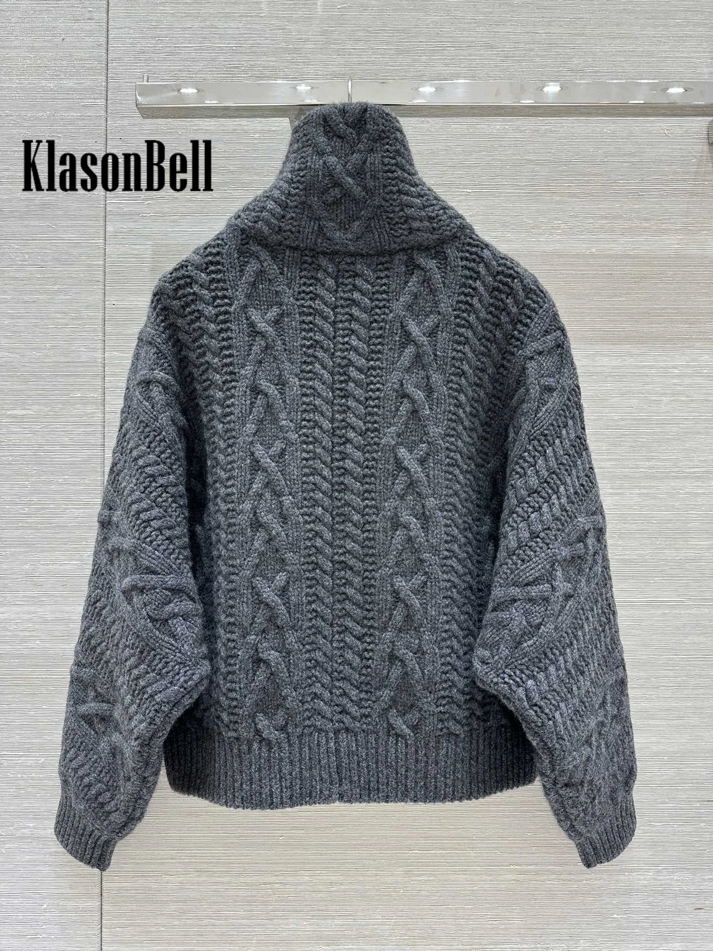 9.25 KlasonBell Women\'s Bead Chain Lace-up Zipper Classic Cashmere Knit Thick Cardigan Twist Turn-down Collar Loose Coat