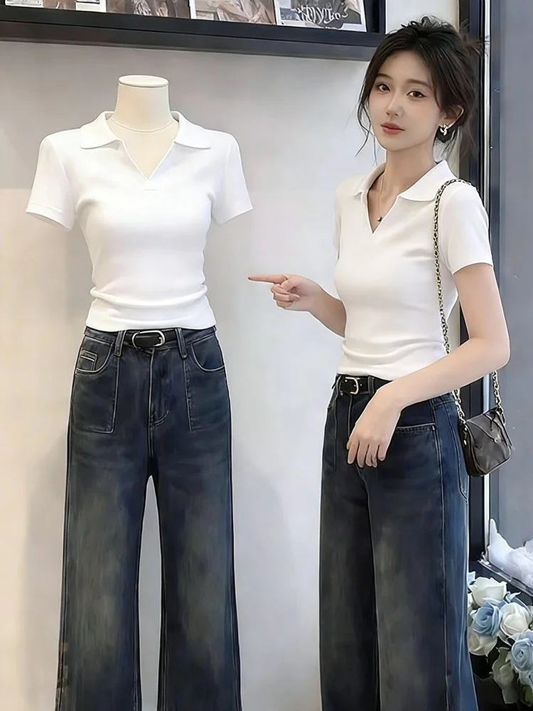 Women's 95 Cotton Short Sleeve T-Shirt Turn-down Collar  Shirt Slim Fit Large Size Summer New Style Pure Color Top