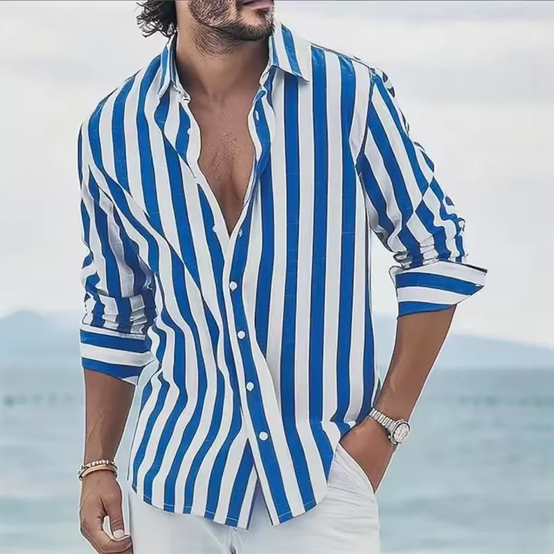 2025 new men's long-sleeve blue striped printed shirt, elegant classic stylish top for men's social high-end Hawaiian style.