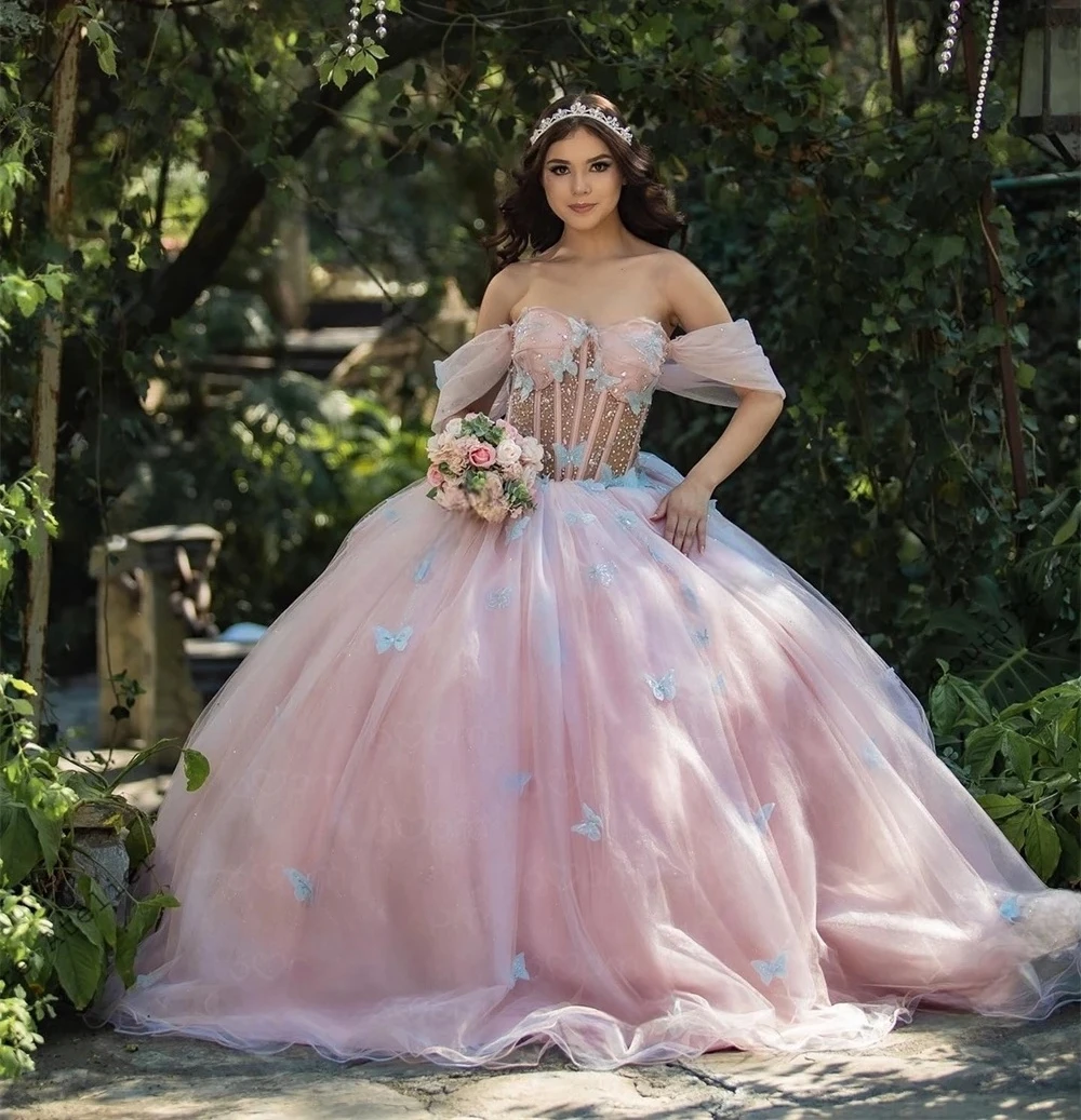 أميرة Quinceanera ثوب حفلة ، زينة تول ، عاري الكتفين ، حلوة 16 فساتين ، 15 سنة ، مكسيكية