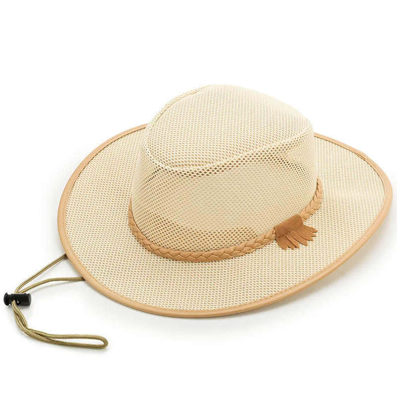 Spring/Summer Men's Wide Brim Sun Hat, Breathable Mesh Cowboy Hat, Beach Hat