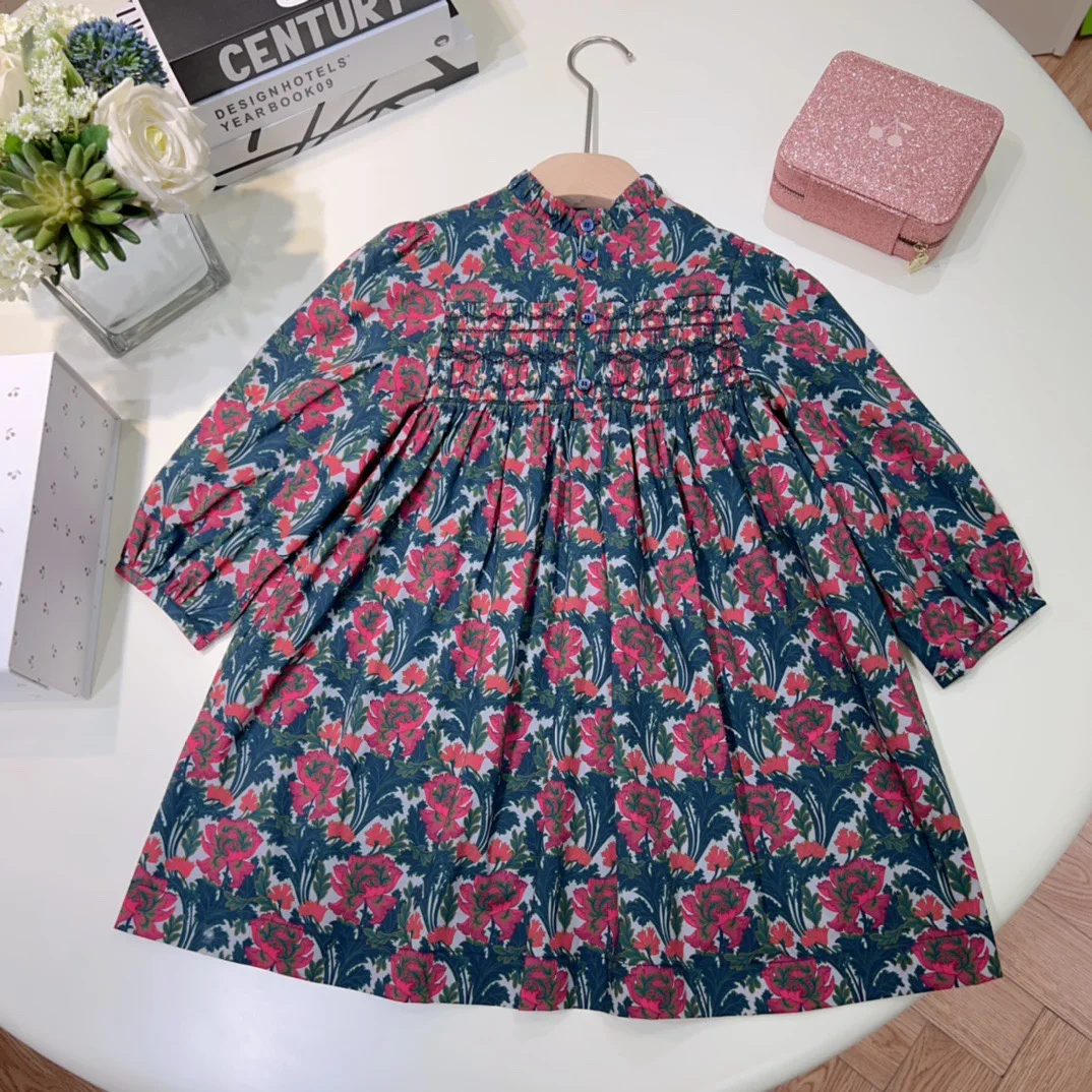 

DY63108 2023 Autumn Winter New Girls' Style Polo Collar Flower Print Doll Shirt Long Sleeve Dress