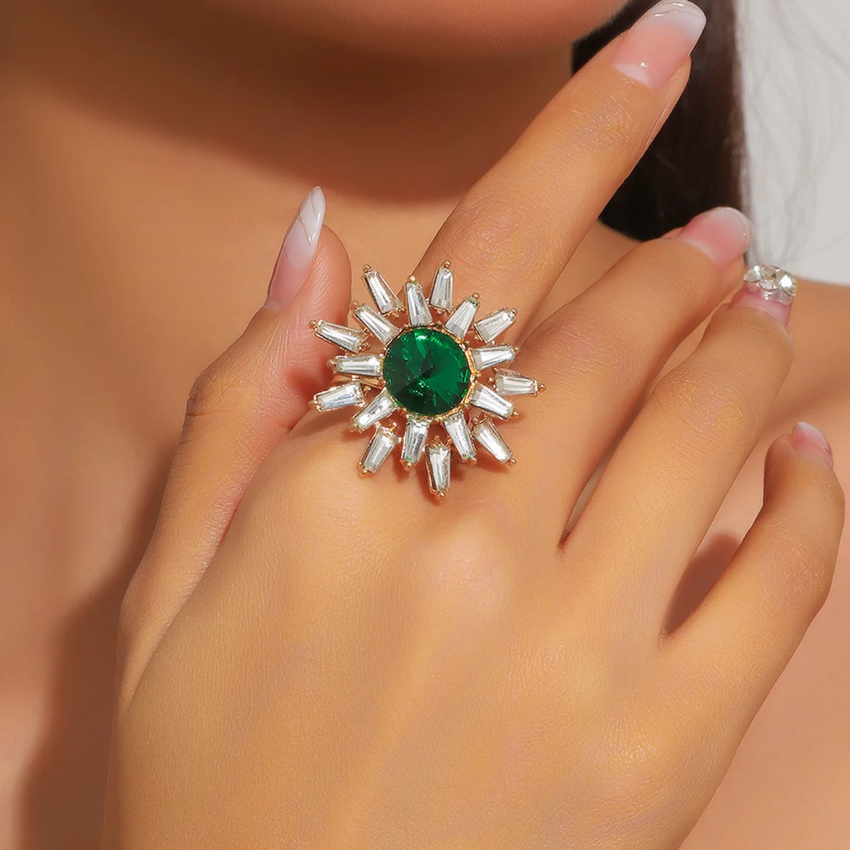 Novo temperamento anéis de cristal verde para mulheres boêmio temperamento girassol anéis anel dia dos namorados festa jóias presente