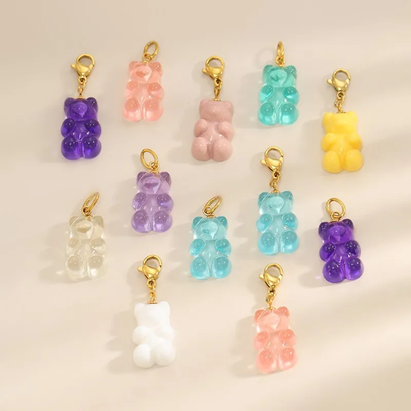 Cute Gummy Bear Charms Gold Plated Translucent Resin Candy Bear With Lobster Clasp Pendants For DIY Jewelry Making