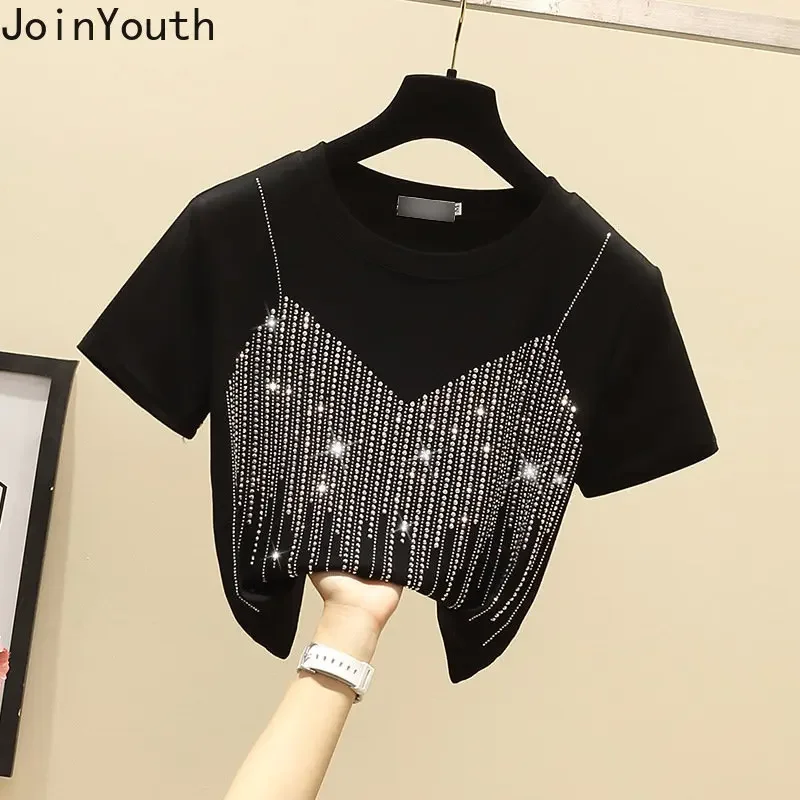 Shirts for Women Diamond Fashion Oversized Tshirts Y2k Tops 2024 Ropa Mujer Short Sleeve Fake Two T-Shirt Summer Casual Tees