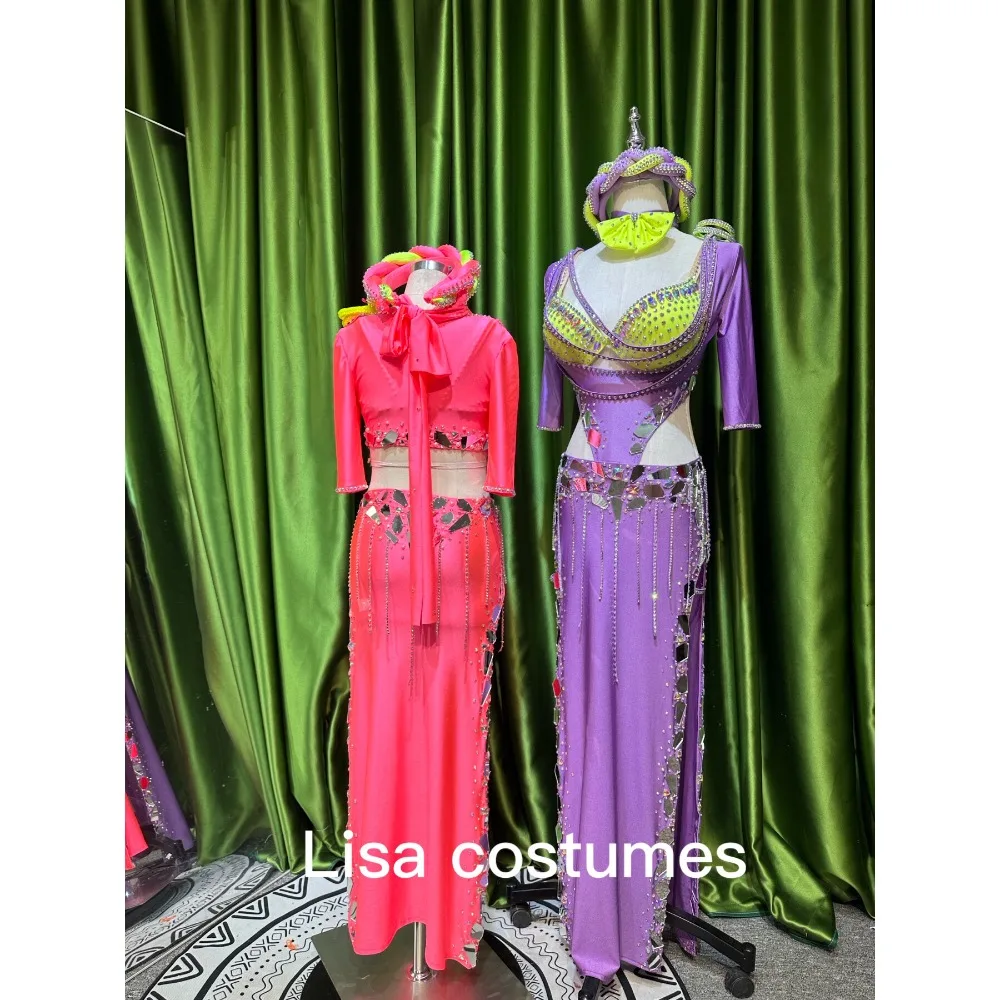 Customized Women Belly Dancewear Diamond Saidi Baladi Shabbi Folk Robe Bra Oriental Dance Group Competition Performance Dresses