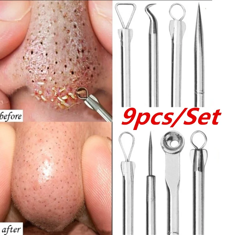 

9pcs Blackhead Whitehead Pimple Remover Popper Tool Kit Pimple Removal Needle Facial Care Skin Cleansing Pore Cleanser Beauty