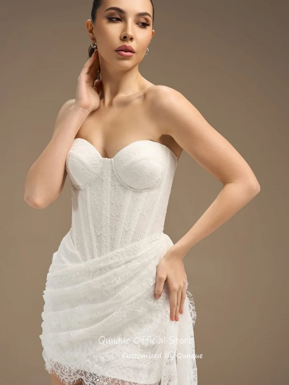 Qunque Draped Side Sash Wedding Dress Scalloped Hem Party Homecoming Outfit Dresses Lace Mini Vestido De Novia Boda Customized