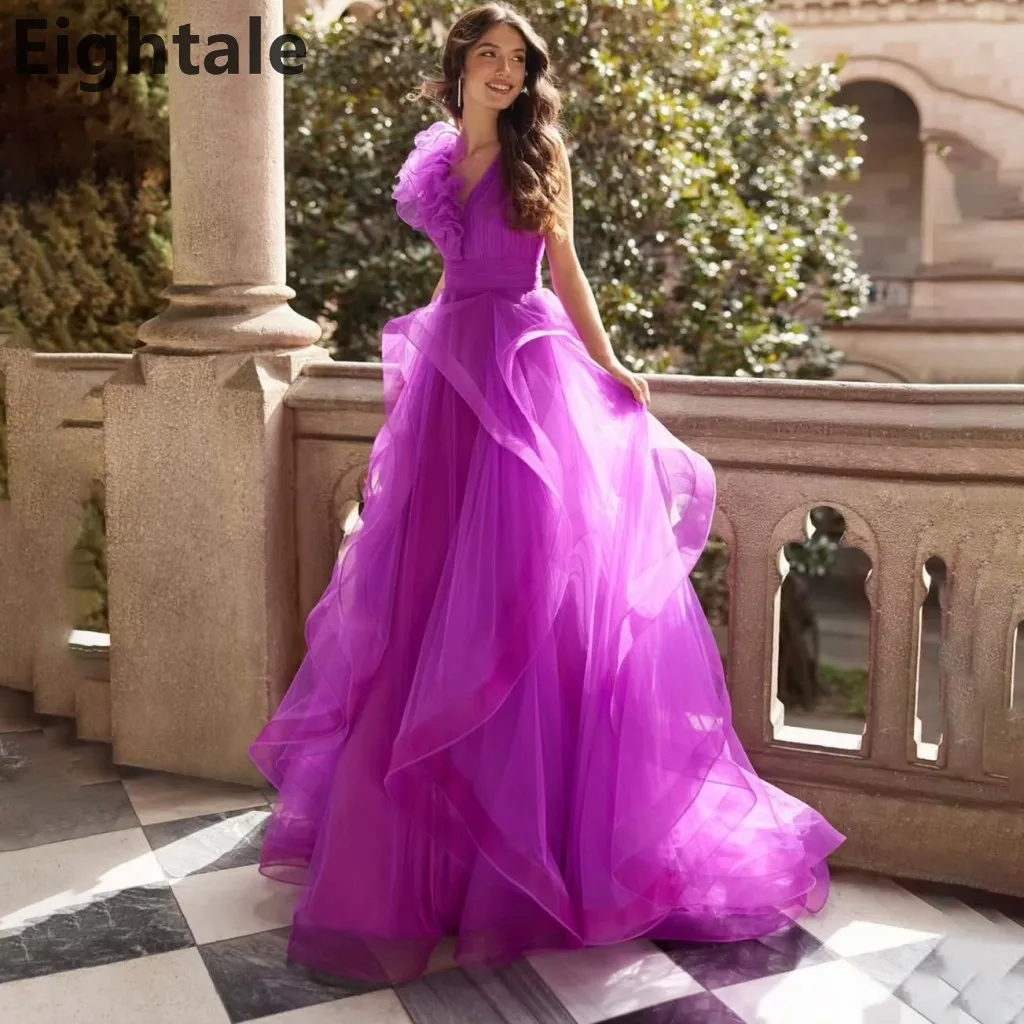 

Customized Ruffles Tulle Purple A Line Evening Dress For Wedding Party Luxury Formal Prom Dress Dubai Party Gown