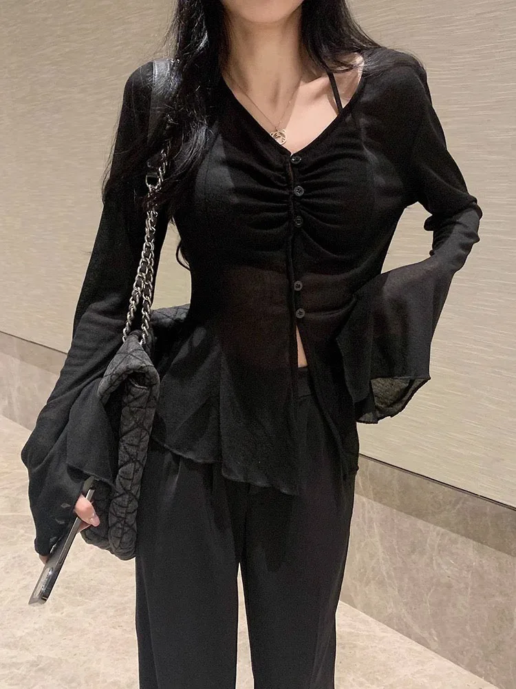 High Street Casual Tees Black Gothic Flare Sleeve Casual T-Shirt Women V-Neck Streetwear Gyaru Clubwear Coquette 2000s Aesthetic