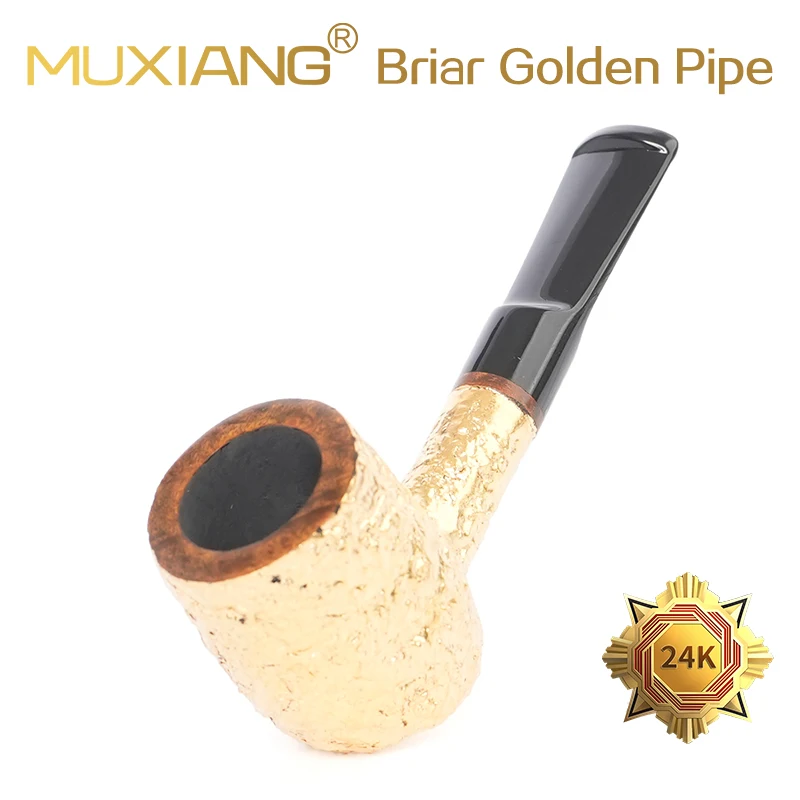 MUXIANG Briarwood Tobacco Pipe Hand-carved Pipe Sandblasted Gold-plated Pipe Father's Day Gift Golden-Legend Pipe