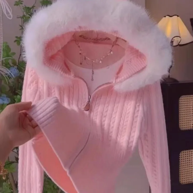 

Fur Collar Hooded Long-Sleeve Knit Cardigan Women's Autumn Winter Sweater Top Zipper Coat Outerwear Y2k Long Sleeve Top Mujer