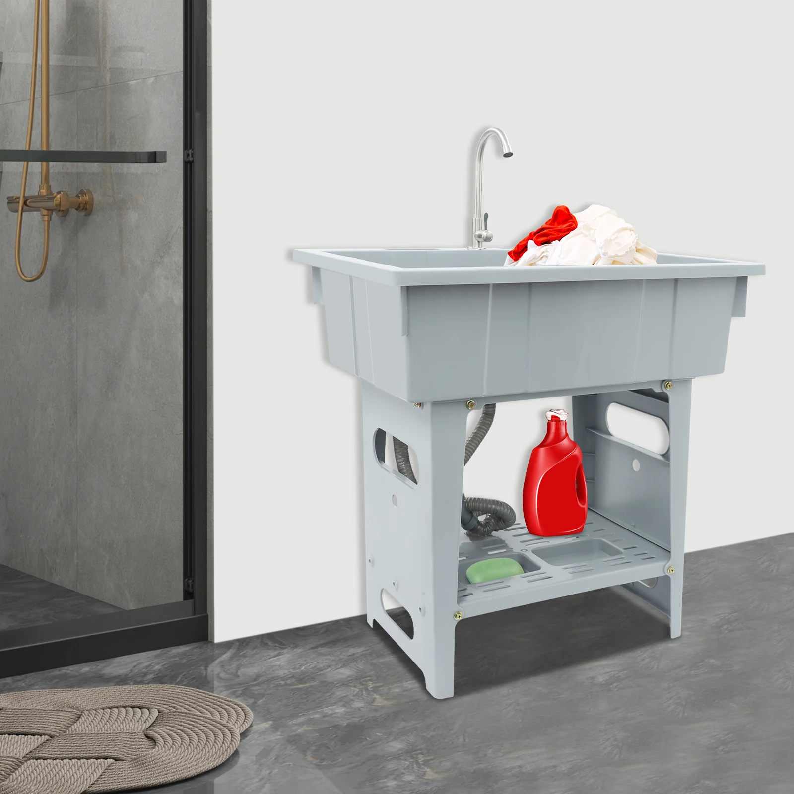 

Multifunctional Laundry Sink with Washboard, Stainless Steel Basin & Storage Shelf, Dual Water Faucet for Home Use