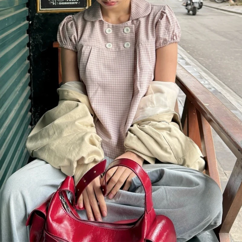 Korean French retro plaid four-button doll collar bubble sleeve short sleeve plaid sweet coat woman