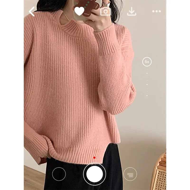 

Light Pink Knitted Sweater Oversized Pullover Furry Texture Tassel Design Loose Fit round Ne Long Sve Color