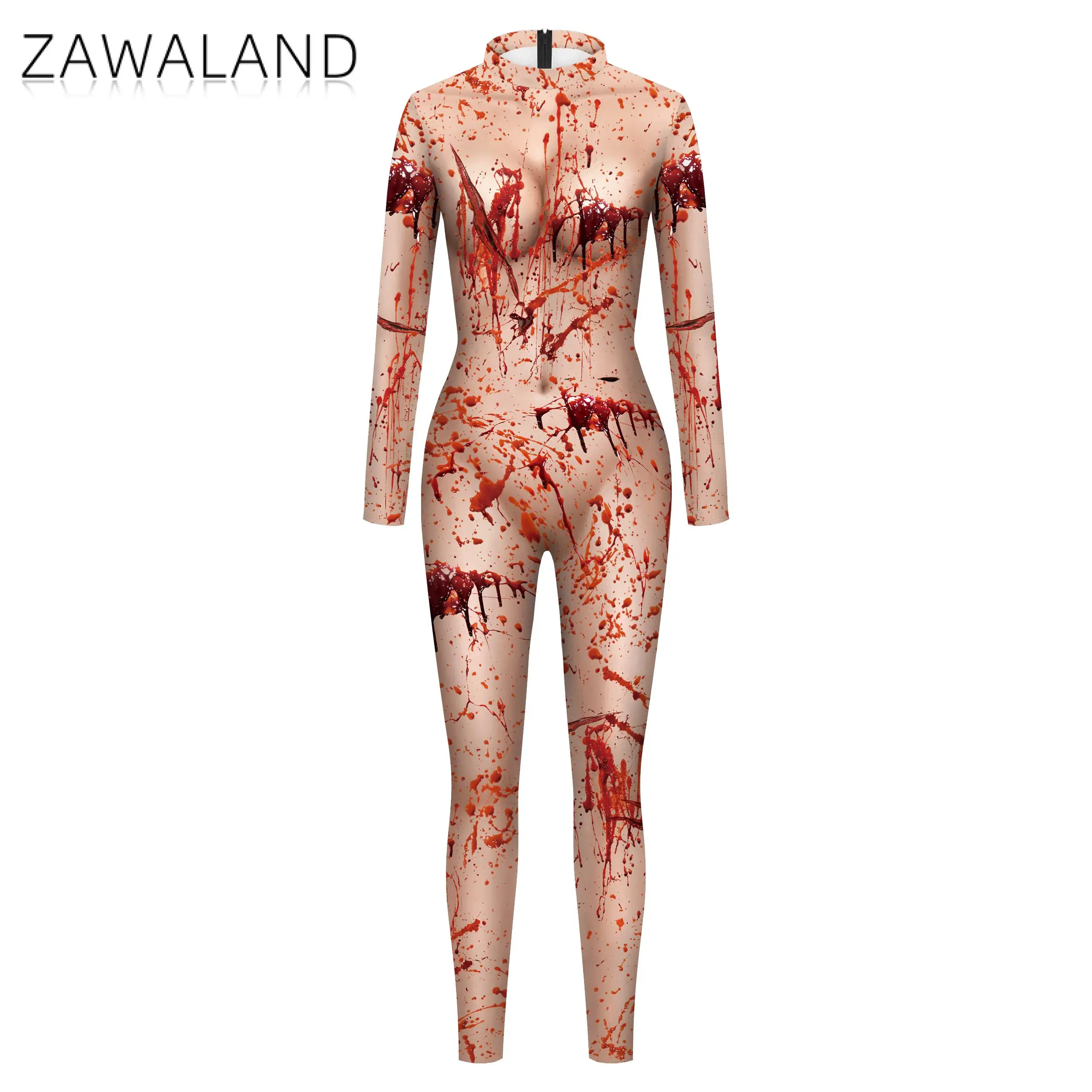 Zawalan Halloween Frauen Blutfleck 3D-Druck Cosplay Kostüm Erwachsenen Zentai Body suits Fitness Langarm Jumps uit Party Outfit