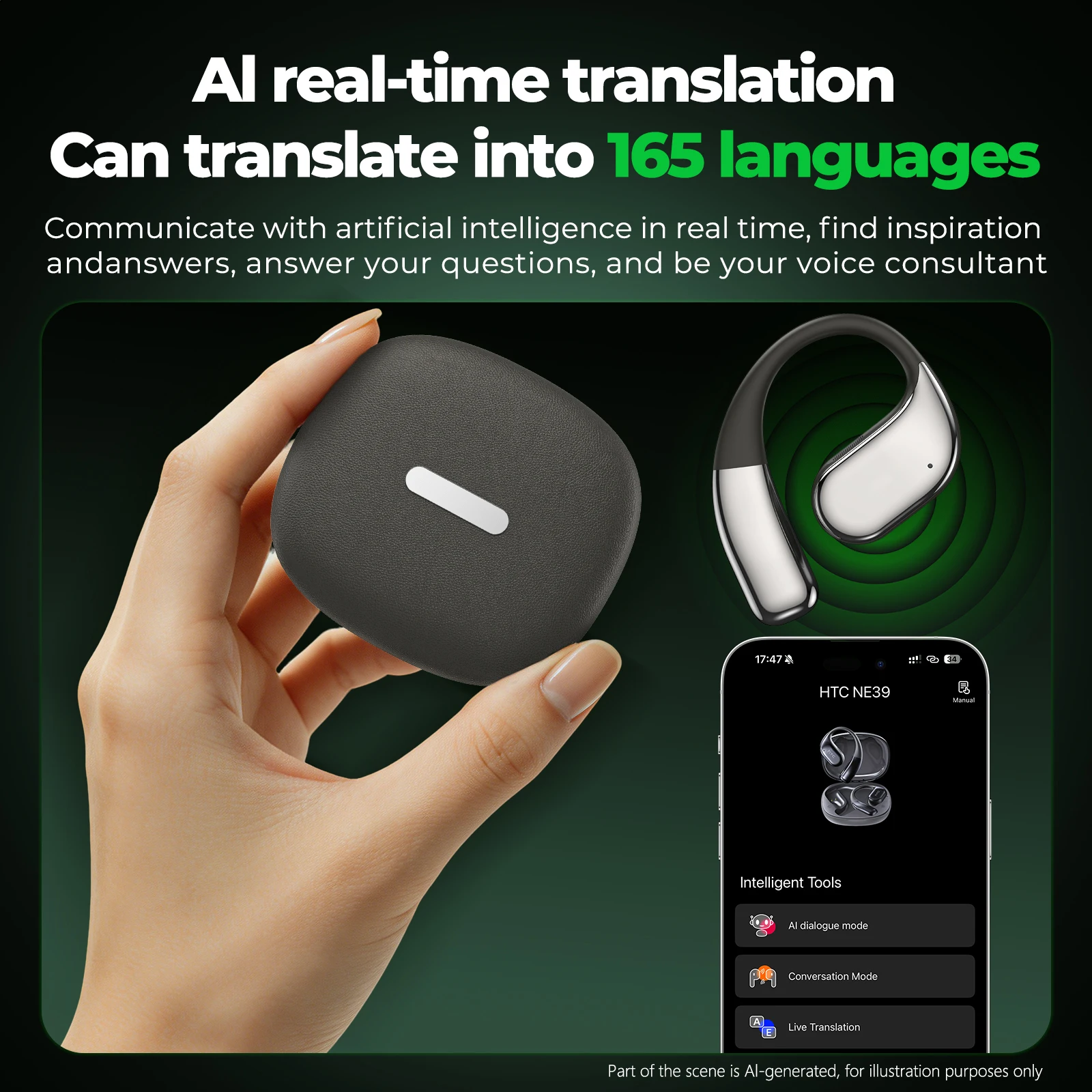 Upgrade HTC NE39 Open Ear AI Translator Headphones Real Time Languages Two Way Translation Wireless Bluetooth Earphones Travel - view 5