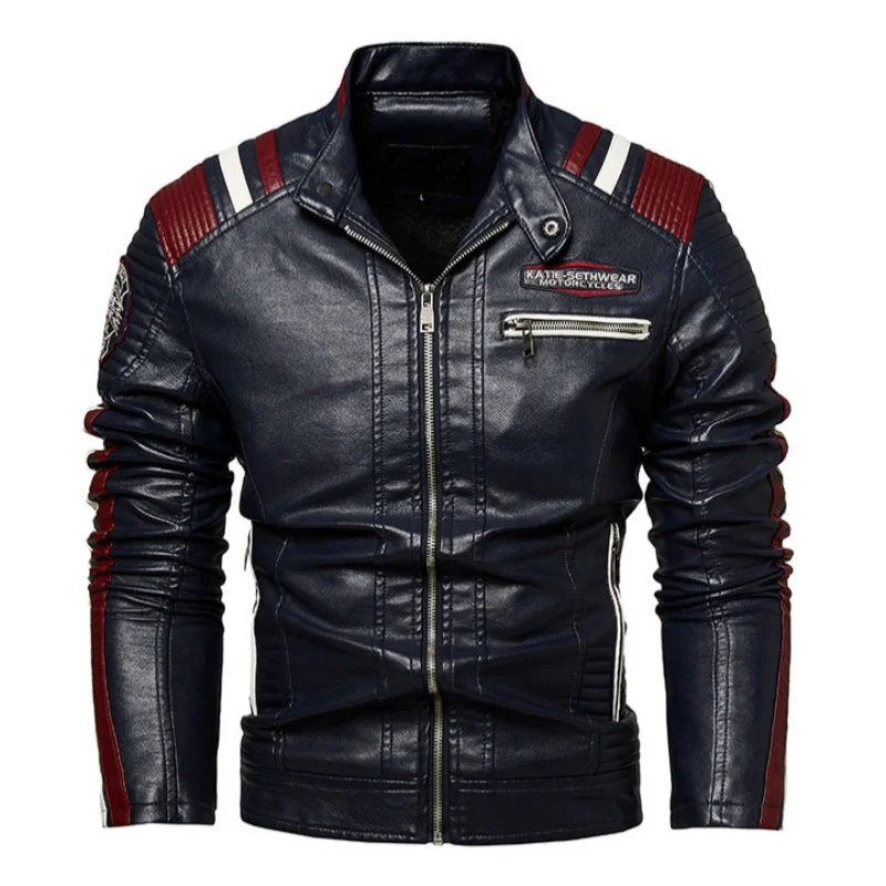 

Motorcycle Autumn Winter Mens Leather Jacket Outdoor Fashion Fleece Warm PU Coat Male Stand Collar Slim Fit Outerwear