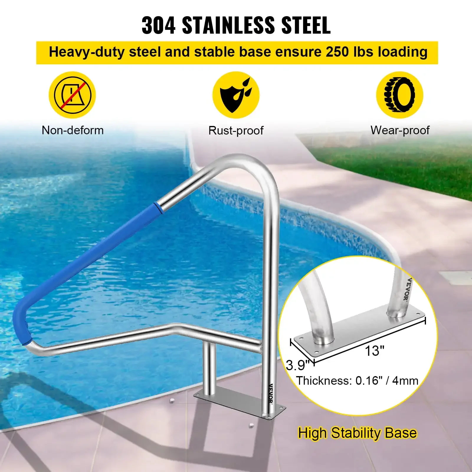 Pool Rail 54x36" Pool Railing 304 Stainless Steel 250LBS Load Capacity Silver Rustproof Pool Handrail Humanized Swimming