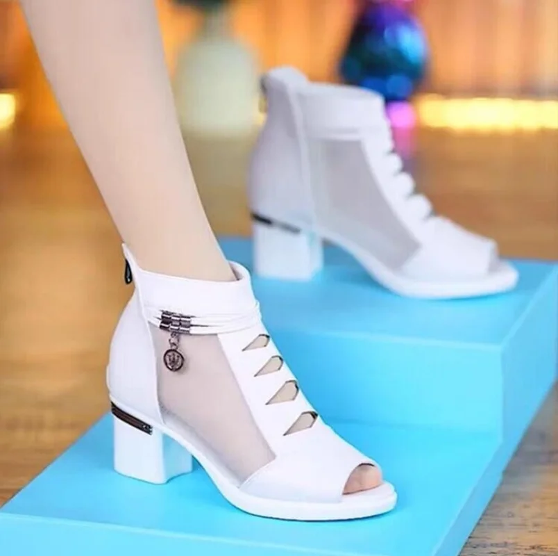 

Summer Latest Sandals Women's Soft Leather Middle Heel Mesh Fashion Middle Heel Sandals Thick Heel Hollow Fish Mouth Shoes