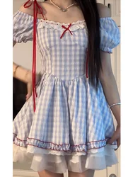 Sweet Vintage Kawaii Princess Dress Women Puff Sleeve Korean Chic Plaid Dress Female 2024 Autumn Casual Evening Party Dress Y2k