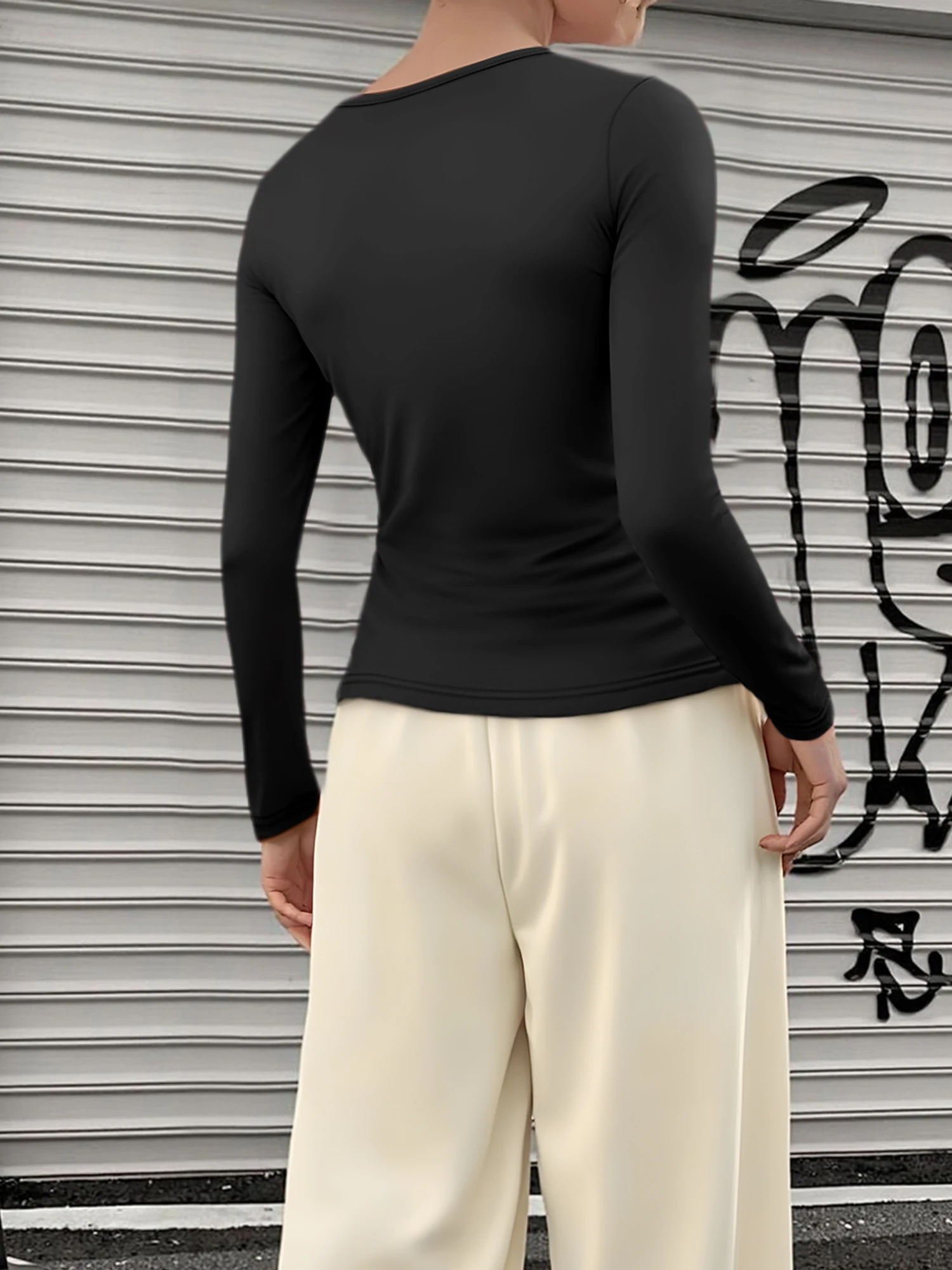 Spicy Girl Low U Neck Elastic Long Sleeve Shirts Women Figure Shaping Slim Fit Basic Tees Casual Outdoor Tops