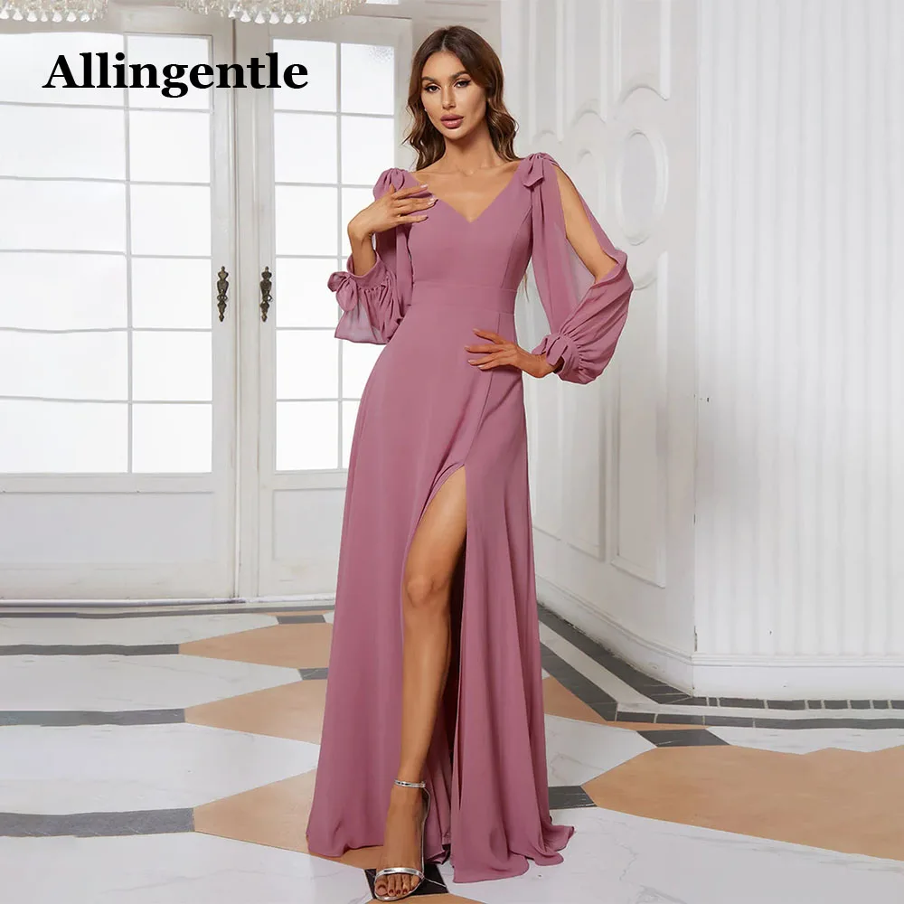 

Allingentle Women's Bridesmaid Dress V-Neck Full Sleeves Floor-Length Maxi Gown 2024 Chiffon Side Slit A-Line Evening Party Gown