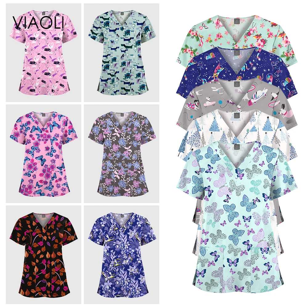 Stretchy Scrub Tops Medical Uniforms Printed Scrubs Top Women Beauty Spa Uniform Medical Nursing Work Clothes Doctor Nurse Scrub