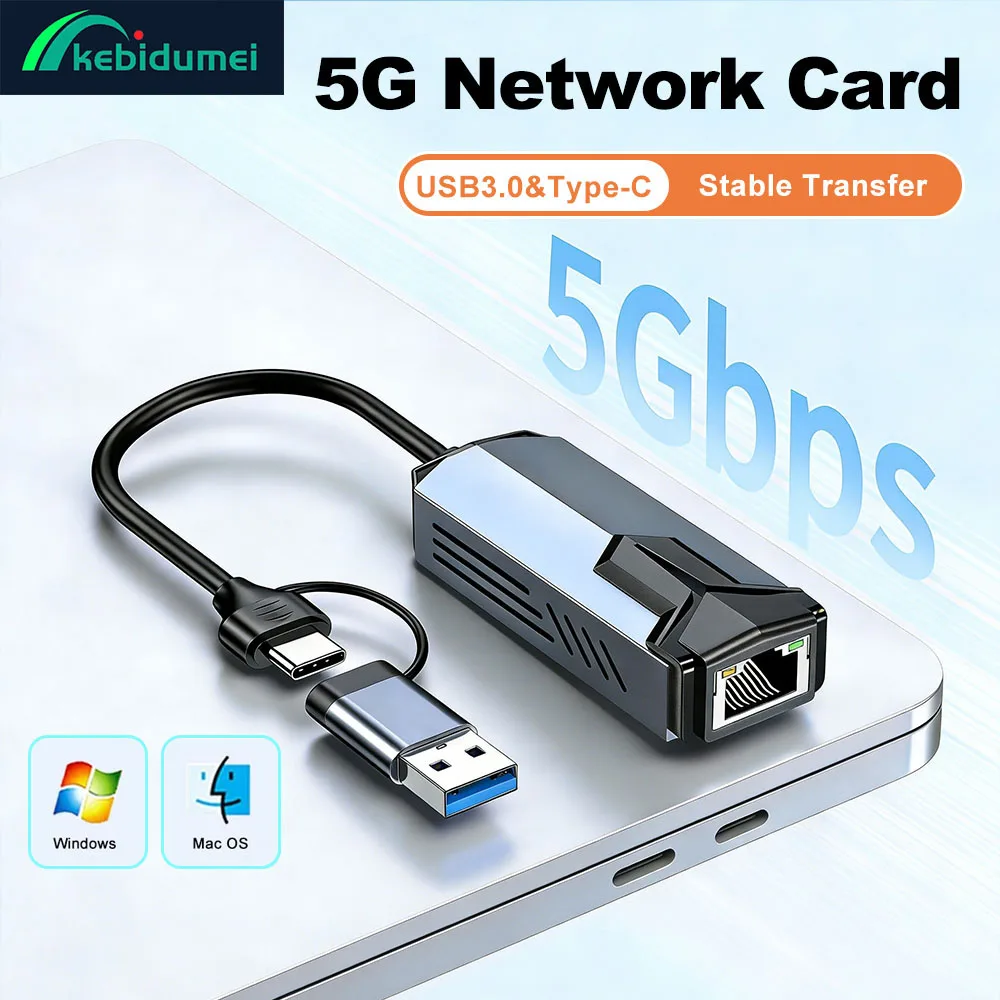 Adaptador de Rede com Fio Kebidumei 5G/2.5G/1000/100Mbps, USB Tipo C para RJ45, Conversor Hub Ethernet para Laptop, Compatível com Windows 10 e 11