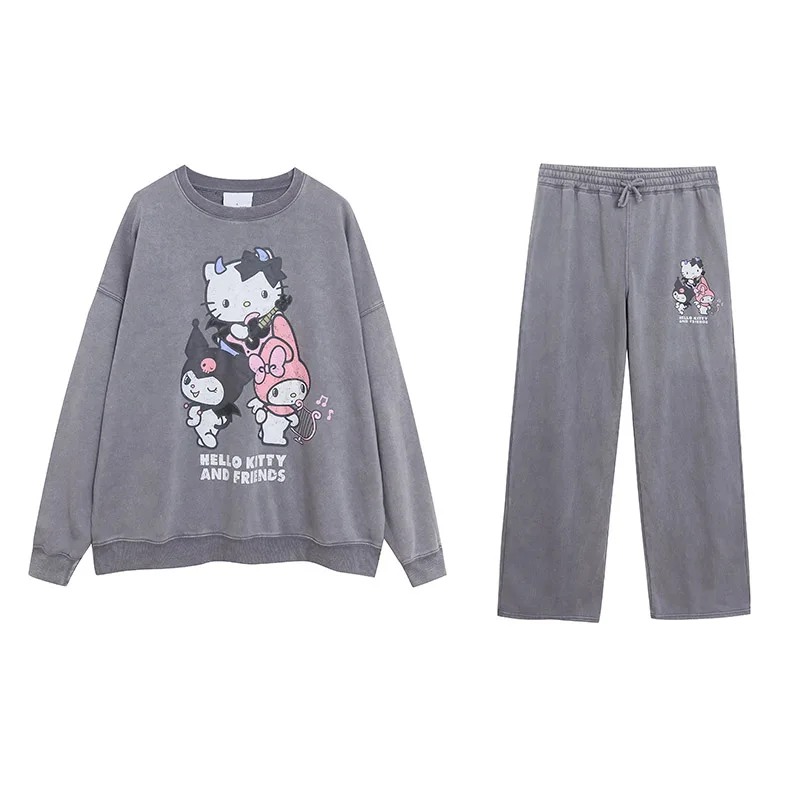 

Cute Cartoon Anime Washed Fleece Long Sleeve round Neck Sweatshirt Straight Leg Sweatpants Set Women's Casual Comfortable Outfit