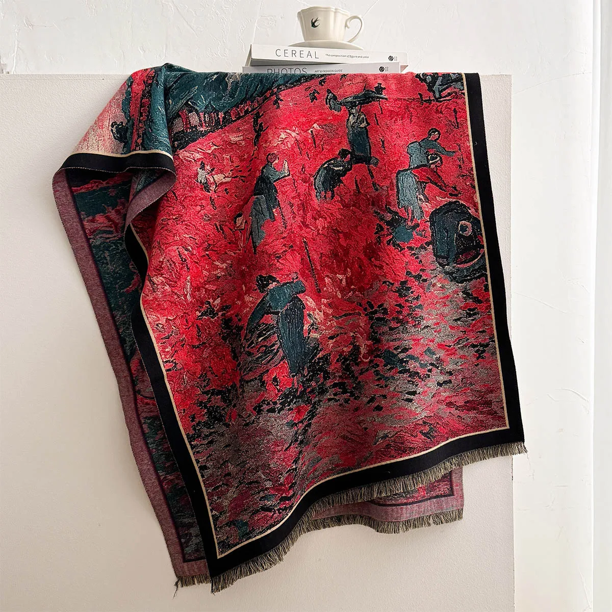 Van Gogh Red Vineyard Oil Painting Print Imitation Cashmere Scarf Ladies Soft Breathable Fringed Scarf For Office And Party