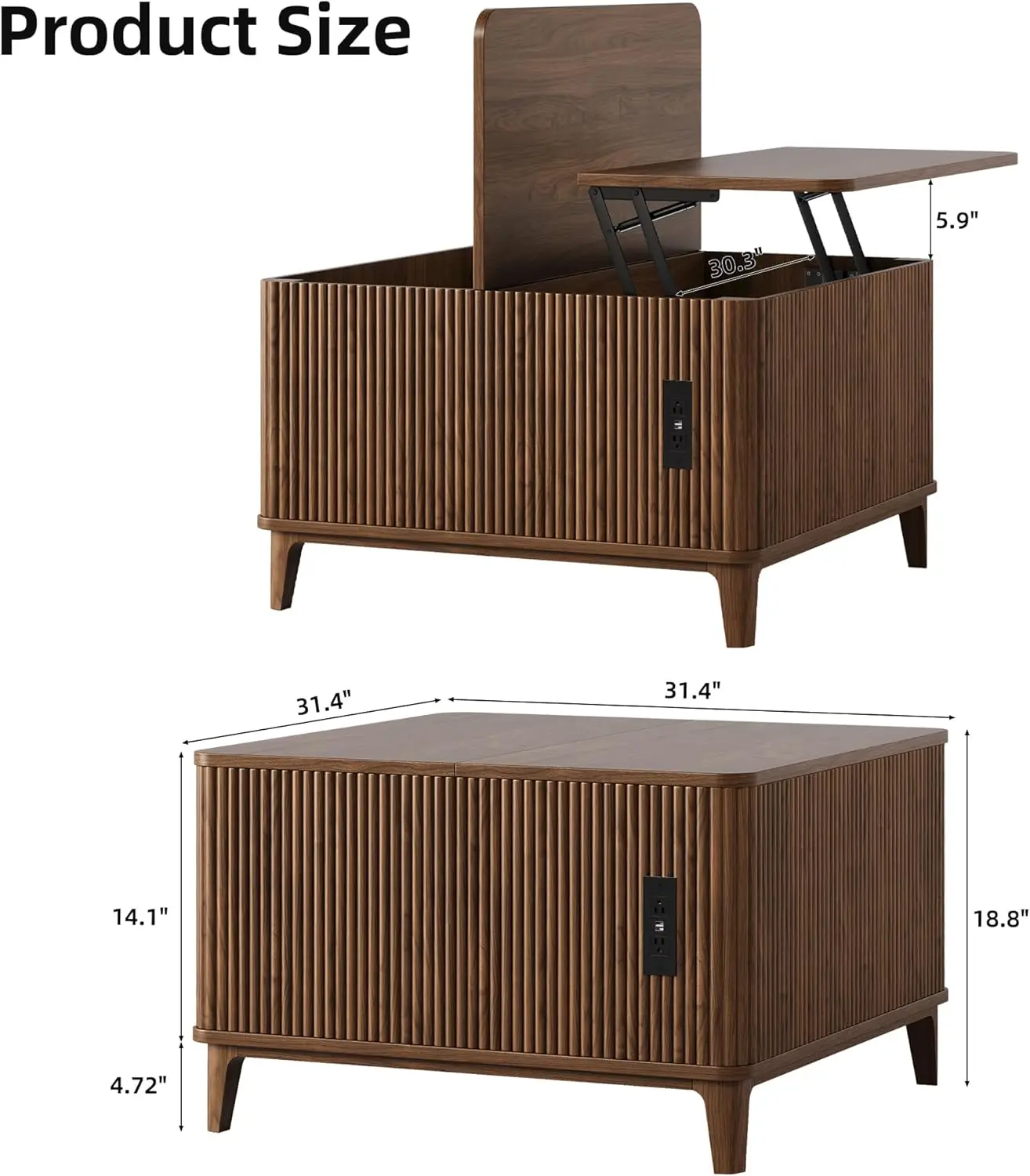 Mesa de centro estriada moderna de mediados de siglo de 31,4 pulgadas, mesa central superior elevable cuadrada con almacenamiento, diseño de pie para sala de estar/oficina