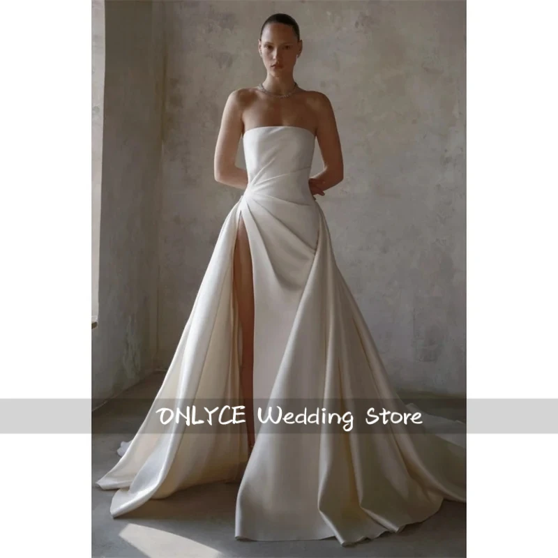 White Satin Mermaid Customized Wedding Dress Strapless Sleeveless vestidos de noche Side High Split robe de mariée 2026