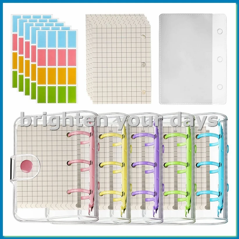 5 Pack Mini Transparent 3 Ring Binder Covers with Binder Inner Papers Storage Bags Label Sticker Binder Pockets-A12I