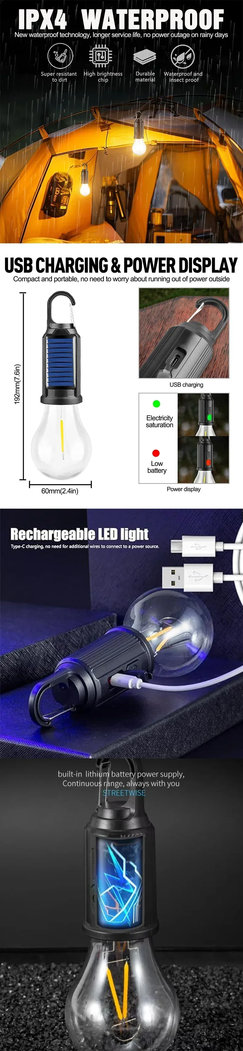 Outdoor Solar- oder USB-Aufladbare LED-Lampen Hochleistungs-Notbeleuchtung Camping Angeln Tragbare Laterne Nachtlichter – Detail 2
