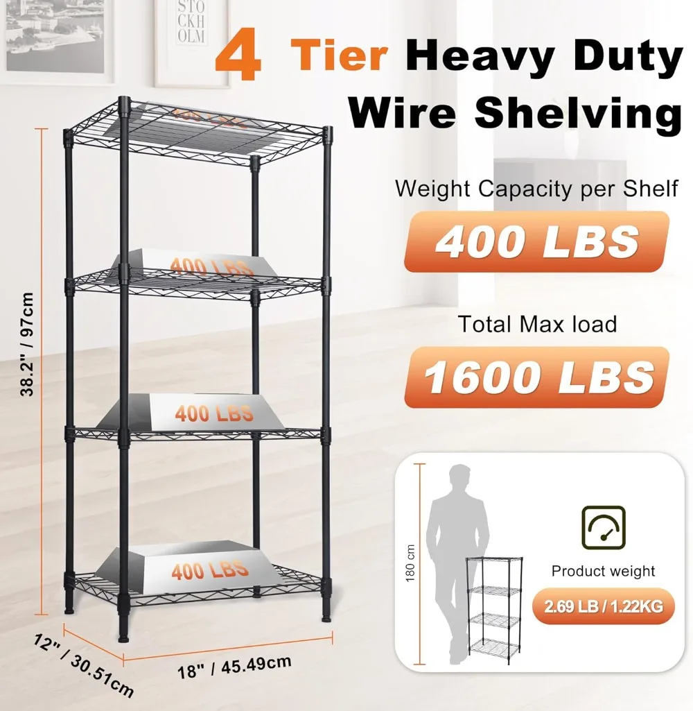 

Сверхмощные 4-х уровневые металлические полки для хранения, вместимость 400 фунтов на полку, простая сборка для организации растений в гараже, черный