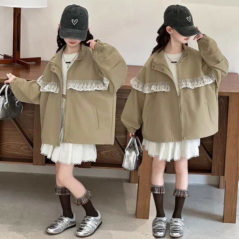 

Girls' Casual Loose Spring Autumn Floral Lace Coat Korean Sle Middle School Girls' Faion Outerwear Zipper Closure Long Sl...
